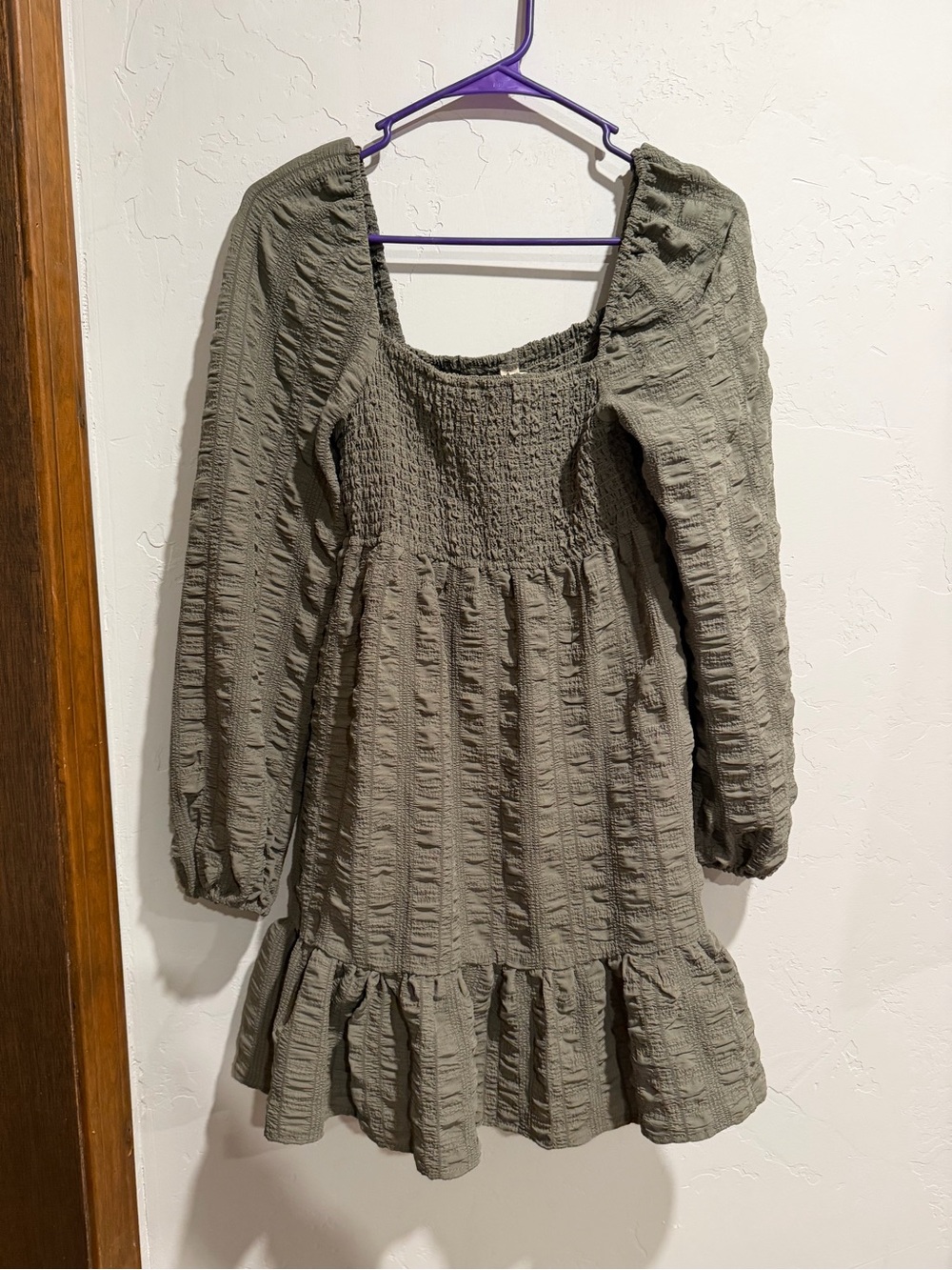 BeBop Olive Green Smocked Square-Neck Long Sleeve Dress